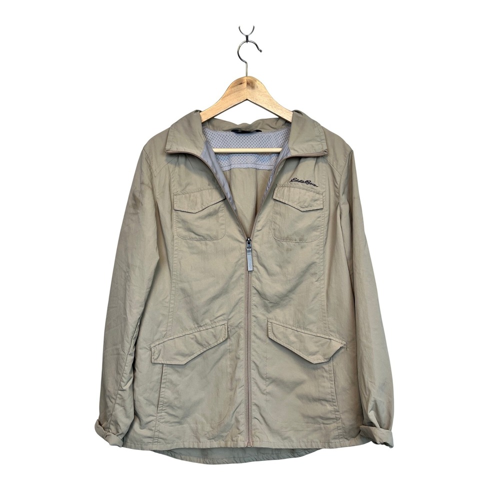 Eddie Bauer Womens Utility Jacket Khaki Tan Cotton Blend Full Zip Size L